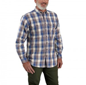 Carhartt Flame Resistant Force Rugged Flex® Loose Fit Twill Long-Sleeve Plaid Gömlek Erkek Mavi | OMB-562491