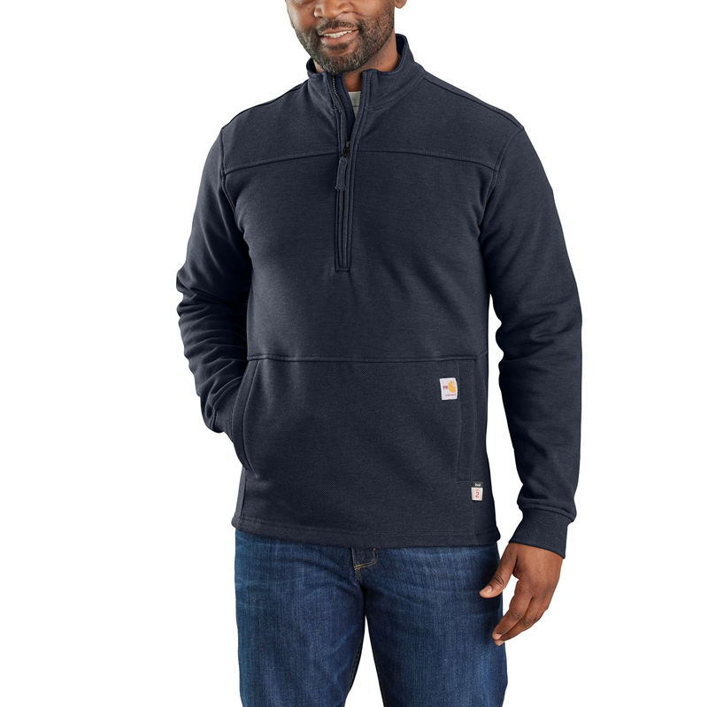 Carhartt Flame-Resistant Rain Defender® Relaxed Fit Mock-Neck Fleece Sweatshirt Erkek Lacivert | GMY-187604