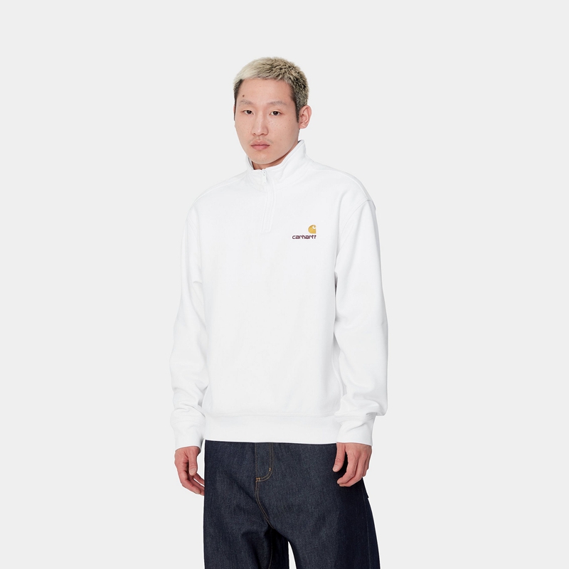 Carhartt Half Zip American Script Sweatshirt Erkek Beyaz | NAI-207139