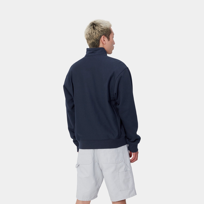 Carhartt Half Zip American Script Sweatshirt Erkek Lacivert | ADU-470659