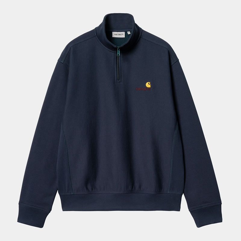 Carhartt Half Zip American Script Sweatshirt Erkek Lacivert | ADU-470659