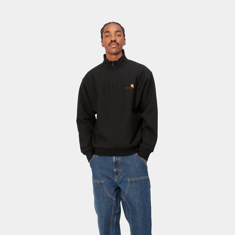 Carhartt Half Zip American Script Sweatshirt Erkek Siyah | QYD-130276