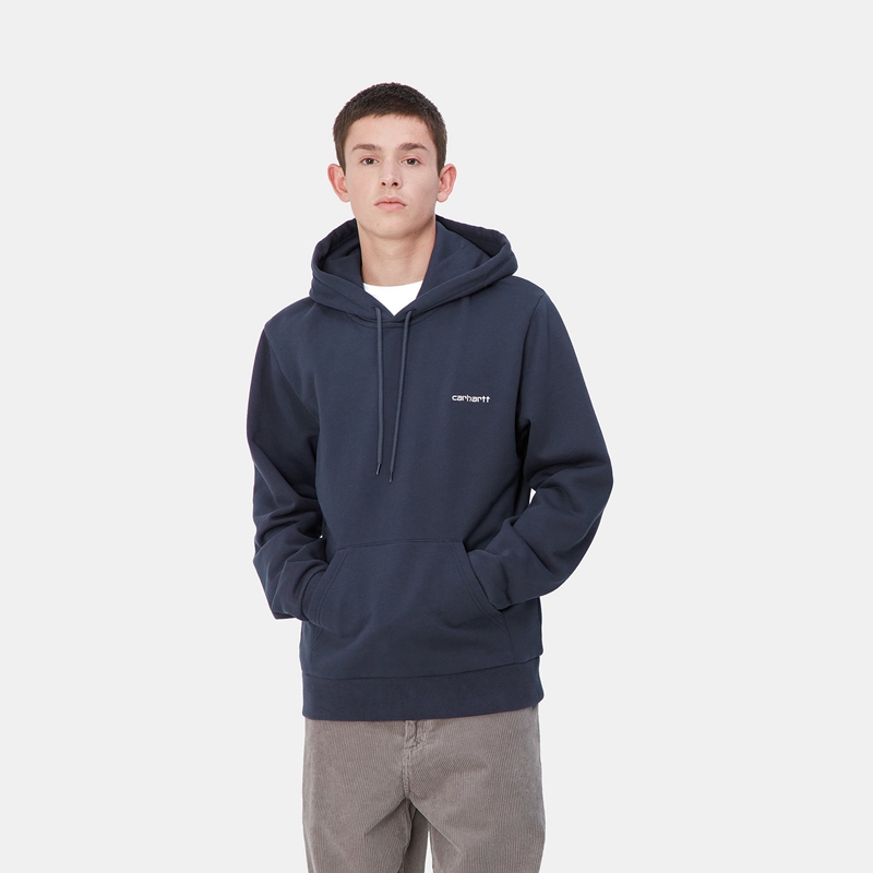 Carhartt Hooded Script Embroidery Kapşonlu Erkek Lacivert | BQD-536074