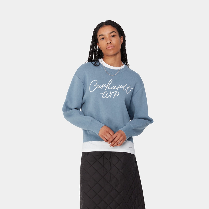 Carhartt Signature Sweatshirt Kadın Mavi | EUT-253179