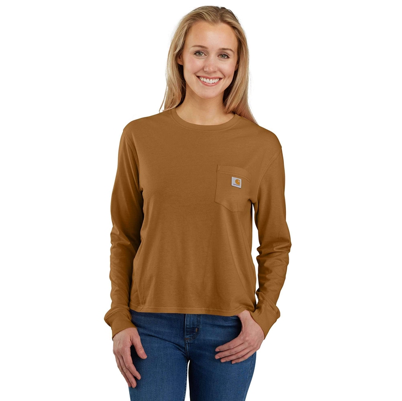 Carhartt TENCEL™ Fiber Series Loose Fit Long-Sleeve Crewneck Pocket Tişört Kadın Kahverengi | KQJ-914632